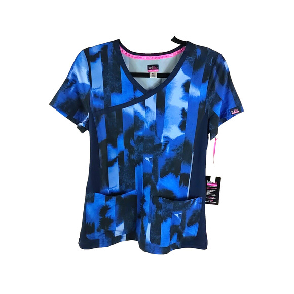 Koi Lite Stretch Women's Scrub Top Size XS Blue Stripe No Iron - Picture 1 of 8